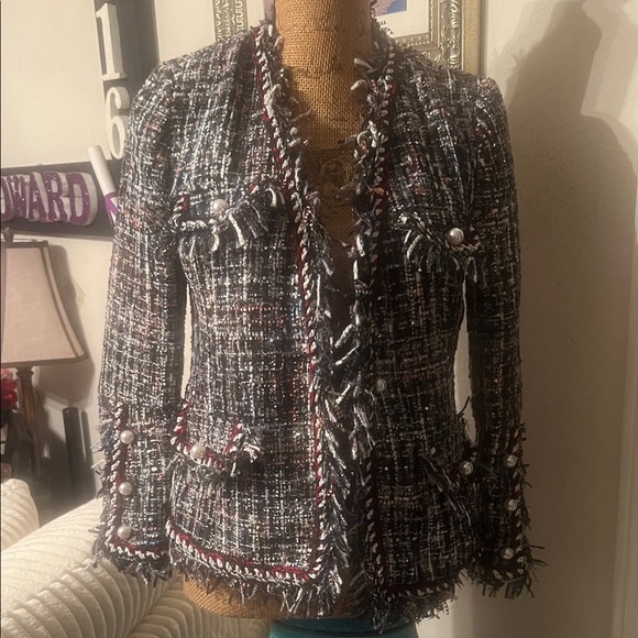 Jackets & Blazers - Women's Tweed Jacket with Fringe Detail